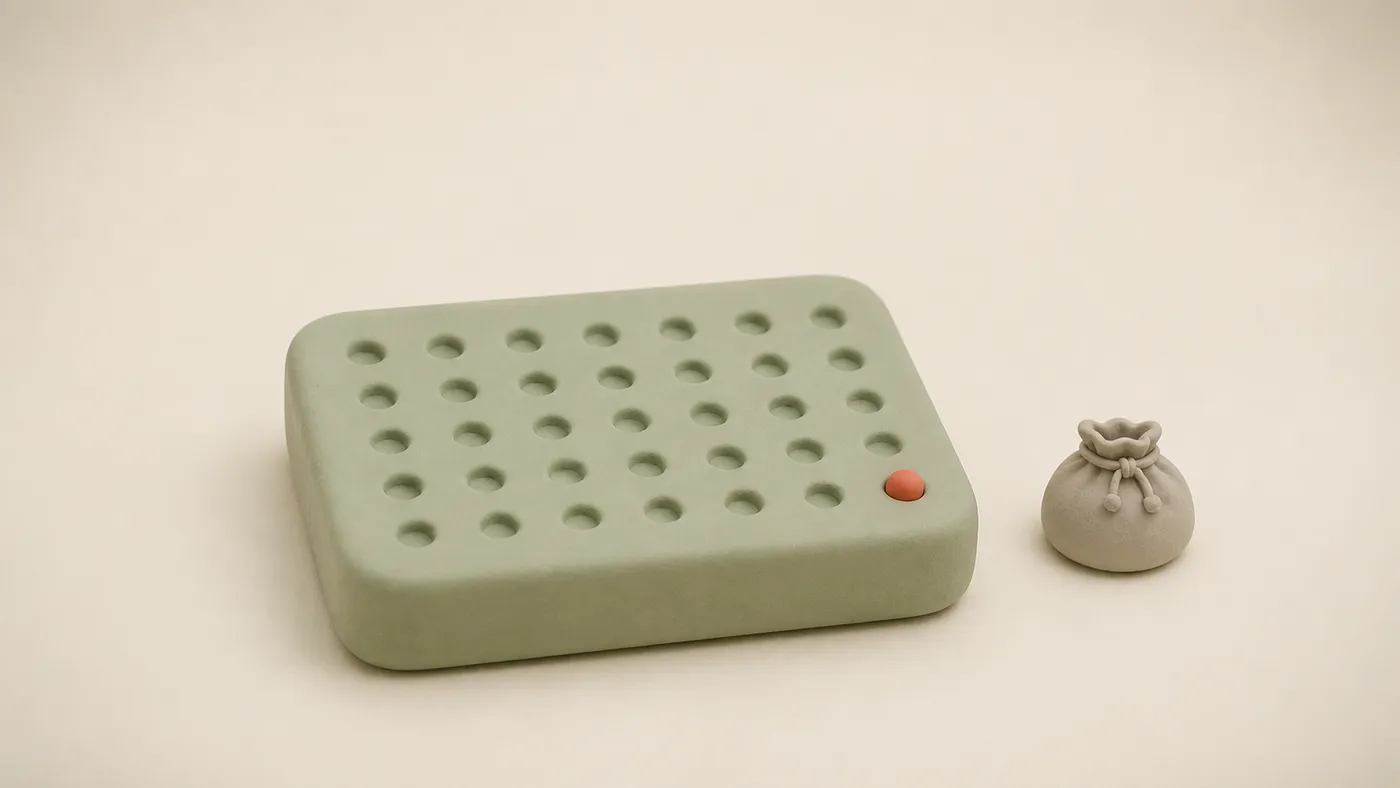 Ein Ton-Kalenderblock mit dreißig Feldern, von denen nur das letzte einen korallfarbenen Marker trägt.
