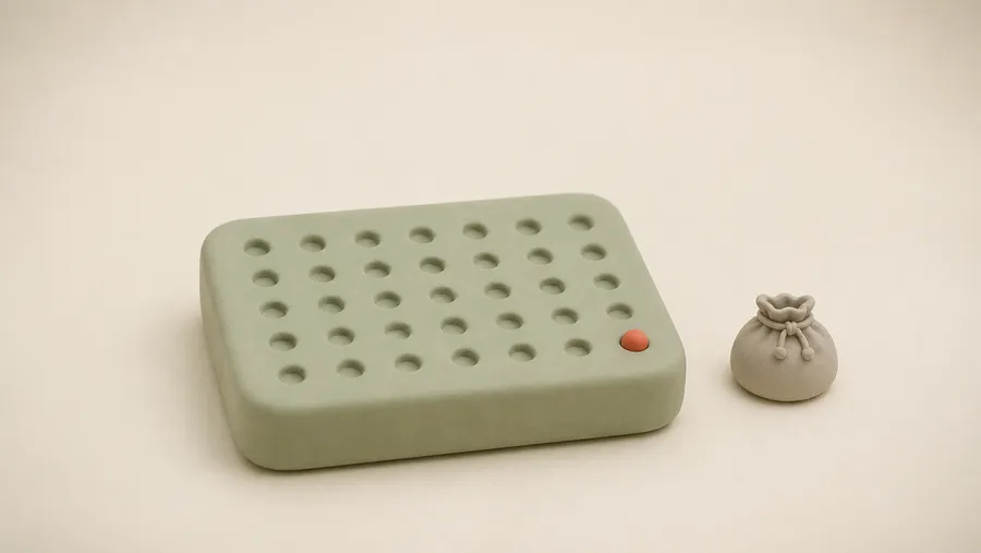 Ein Ton-Kalenderblock mit dreißig Feldern, von denen nur das letzte einen korallfarbenen Marker trägt.