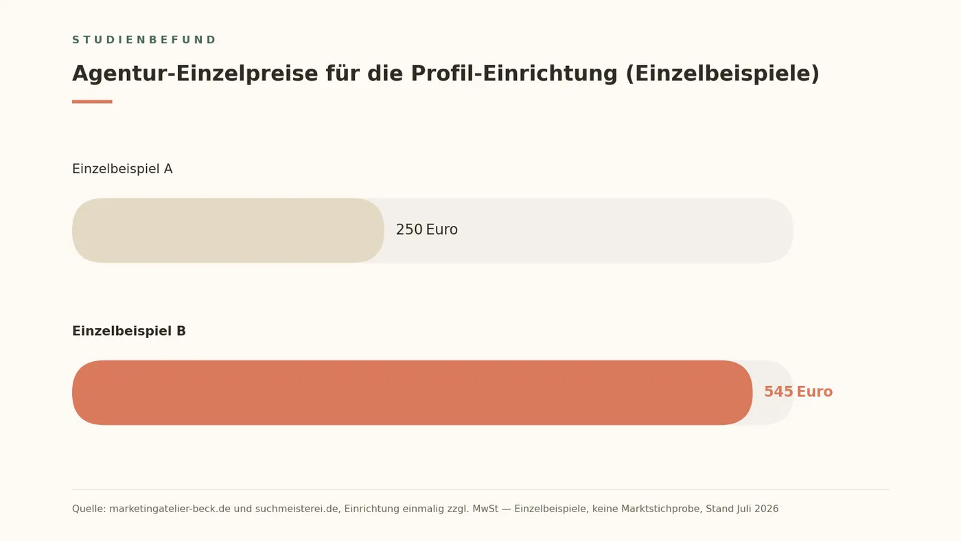 Balkendiagramm mit zwei veröffentlichten Agentur-Einzelpreisen für die Profil-Einrichtung: 250 Euro und 545 Euro. Einzelbeispiele, keine Marktstichprobe.