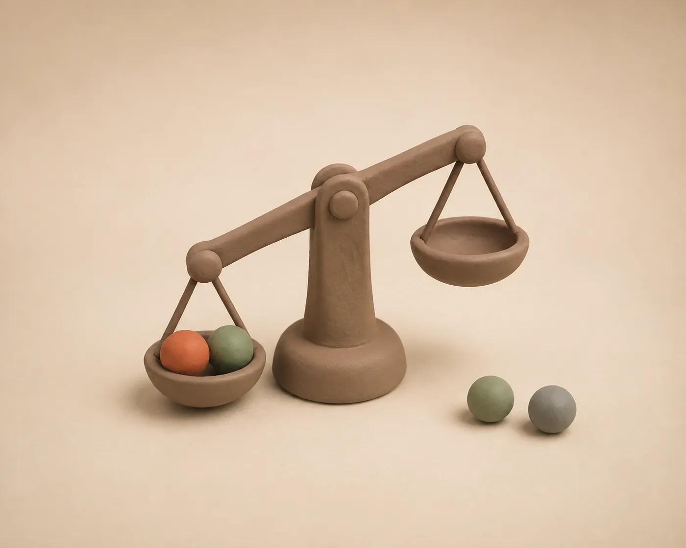 Eine einfache Clay-Waage, auf deren einer Schale zwei kleine Kugeln liegen, während zwei weitere daneben bereitliegen.