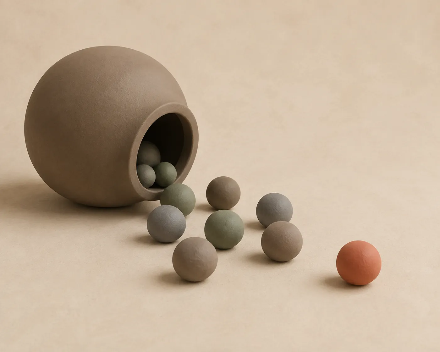 Ein Clay-Behälter mit einer breiten Öffnung an der Seite, aus der mehrere kleine Kugeln herausrollen und daneben liegen bleiben.