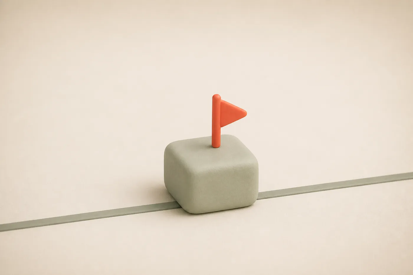 Ein abgerundeter Ton-Block, der gerade über eine dünne Schwellenlinie tritt, mit einer kleinen Fahne direkt danach als Marker.