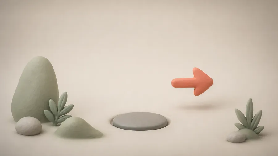 Eine graue, eingesunkene Clay-Schaltfläche, über der ein korallfarbener Pfeil vorbeiweist.