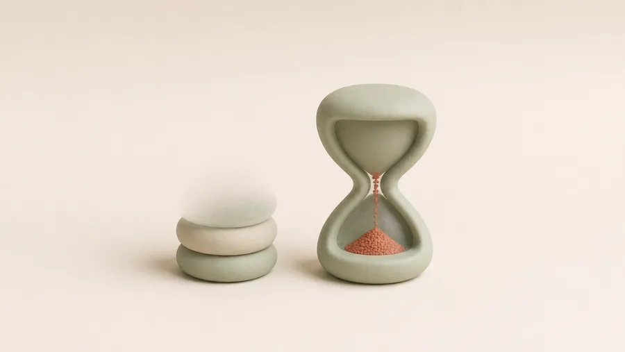 Weiche 3D-Ton-Illustration: ein verblassender Münzstapel neben einer Sanduhr mit rieselndem Sand, als Sinnbild dafür, dass Geld wegfällt, Zeit aber bleibt.