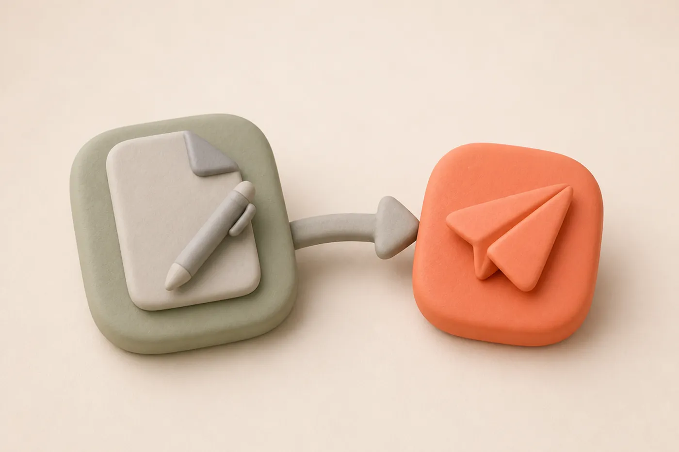 Ein abgerundeter Ton-Dokumentblock mit Stift-Symbol, verbunden durch eine kleine Brücke mit einem Ton-Papierflieger — Sinnbild für Gestaltung in Word und Versand über Outlook.