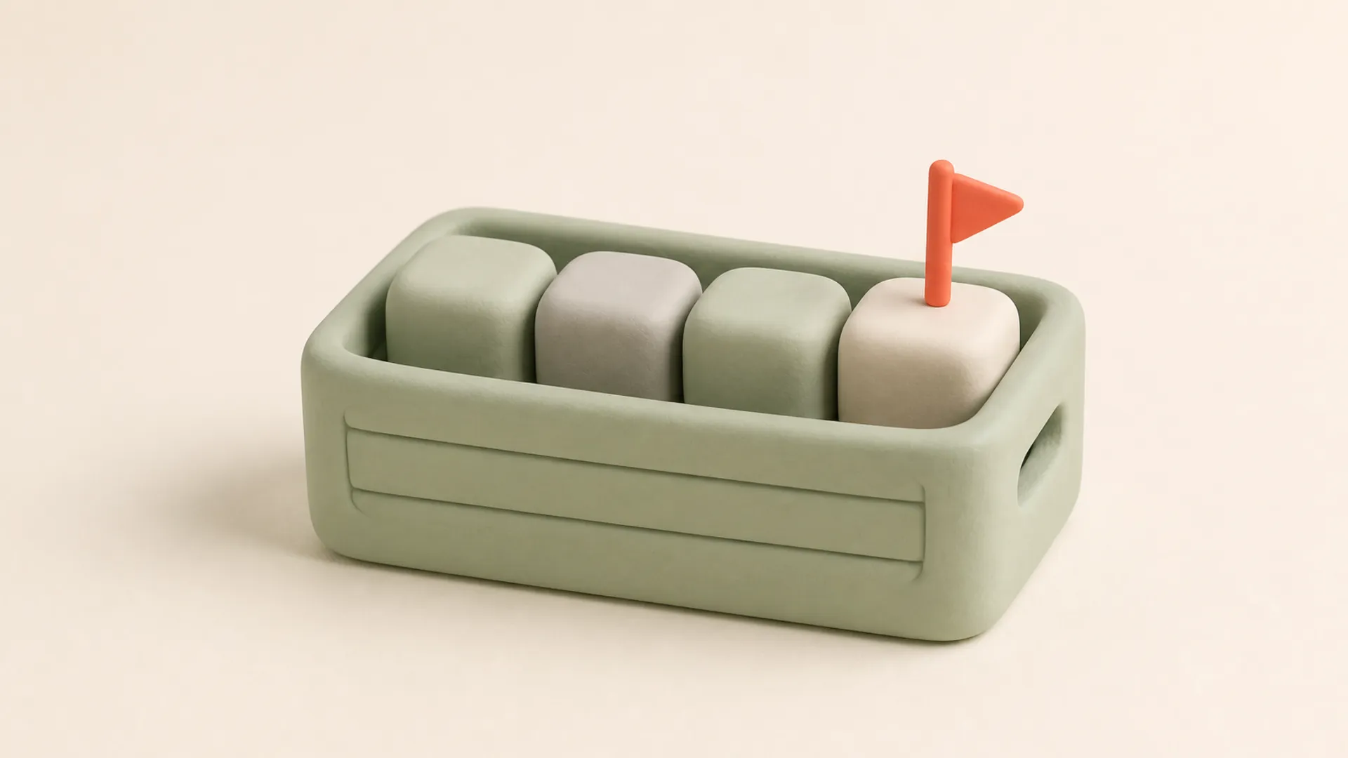Symbolische Illustration eines offenen Korbs mit vier gleichen Bausteinen, einer davon mit einer kleinen Fahne markiert, als Sinnbild für den startklaren Werkzeug-Korb.