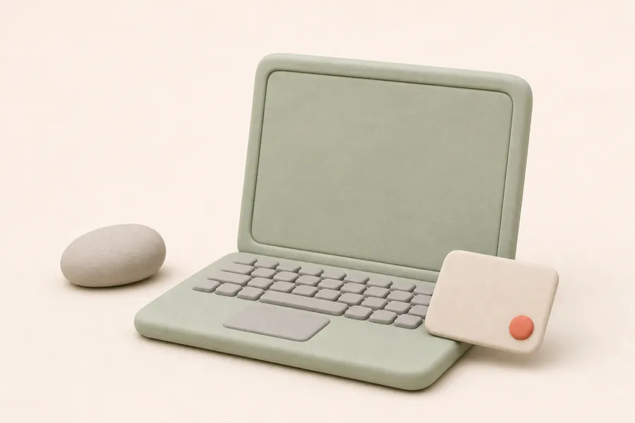 Ein abgerundeter Laptop mit einer einzelnen angelehnten Kartenfläche, als Sinnbild für eine einzelne Landingpage als Anlaufstelle.