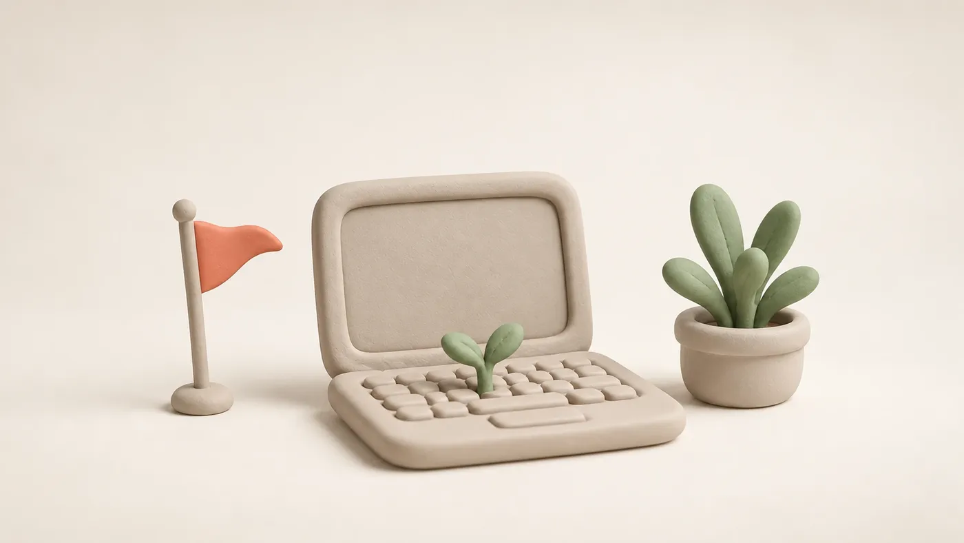 Ein heller Clay-Laptop mit kleinem Spross, salbeifarbener Pflanze und Terrakotta-Fähnchen.
