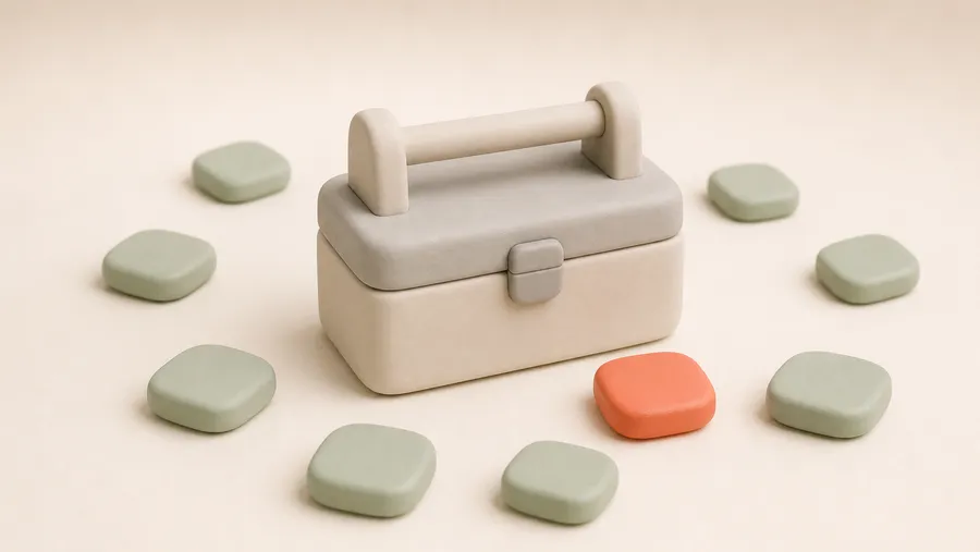 Ein geschlossener Clay-Werkzeugkasten, umgeben von verstreuten Kacheln, von denen eine korallfarben ist.