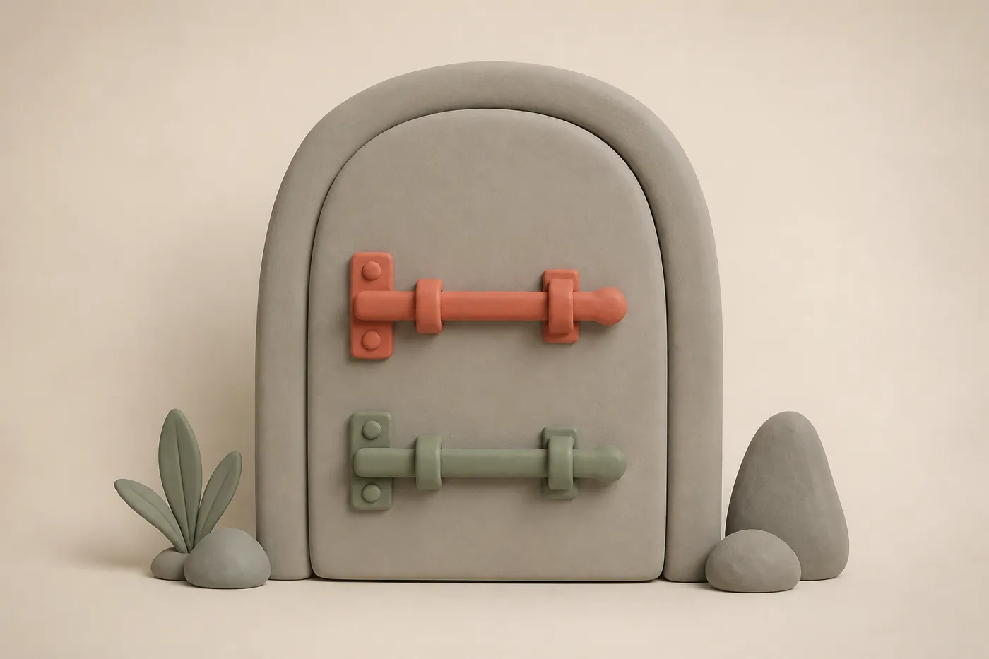 Zwei geschlossene Clay-Riegel an einer Tür, der obere korallfarben.