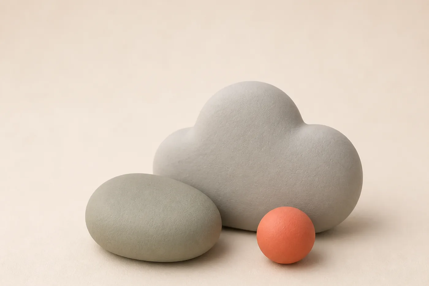 Ein ruhiger Ton-Kiesel neben einer weichen Blob-Wolke und einer kleinen Kugel als stimmungsgebendes Auflockerungs-Motiv nach dem Rechtsabschnitt.