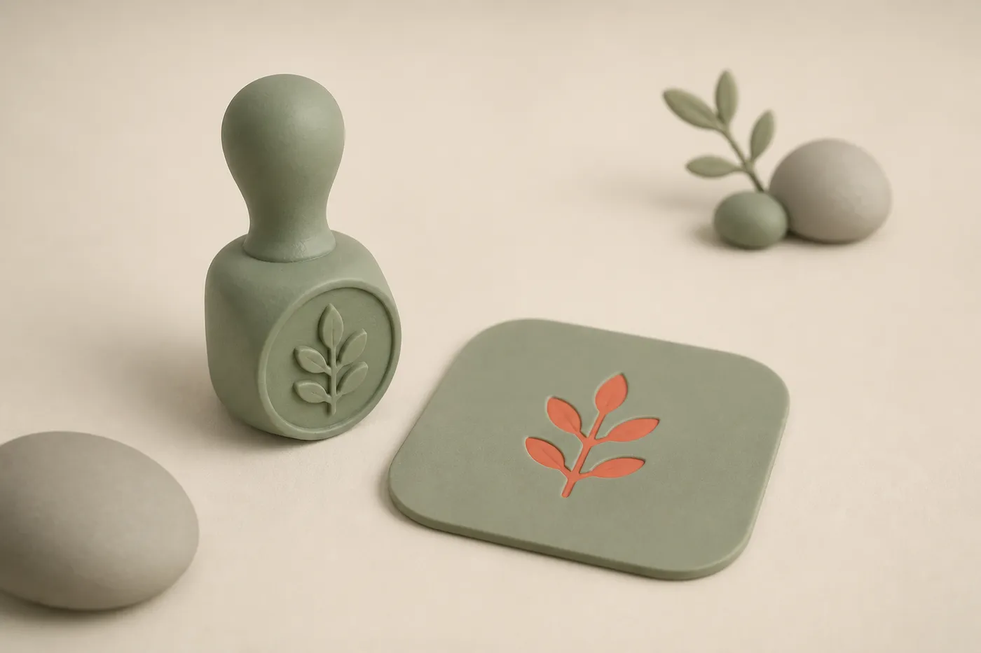 Eine breite graue und eine schmalere salbeigrüne Clay-Fläche nebeneinander, die schmalere mit korallfarbenem Punkt.