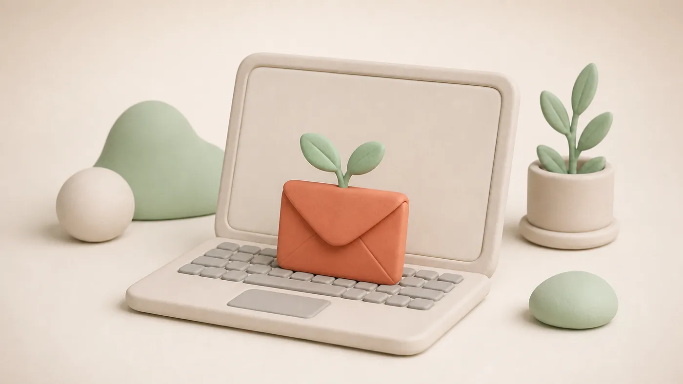 Abgerundeter Ton-Laptop, aus dem ein korallenroter Briefumschlag mit einem kleinen Keimling wächst, als Sinnbild für den eigenen Newsletter-Kanal.