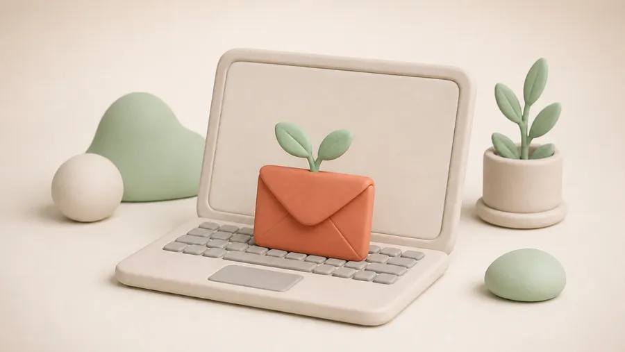 Abgerundeter Ton-Laptop, aus dem ein korallenroter Briefumschlag mit einem kleinen Keimling wächst, als Sinnbild für den eigenen Newsletter-Kanal.