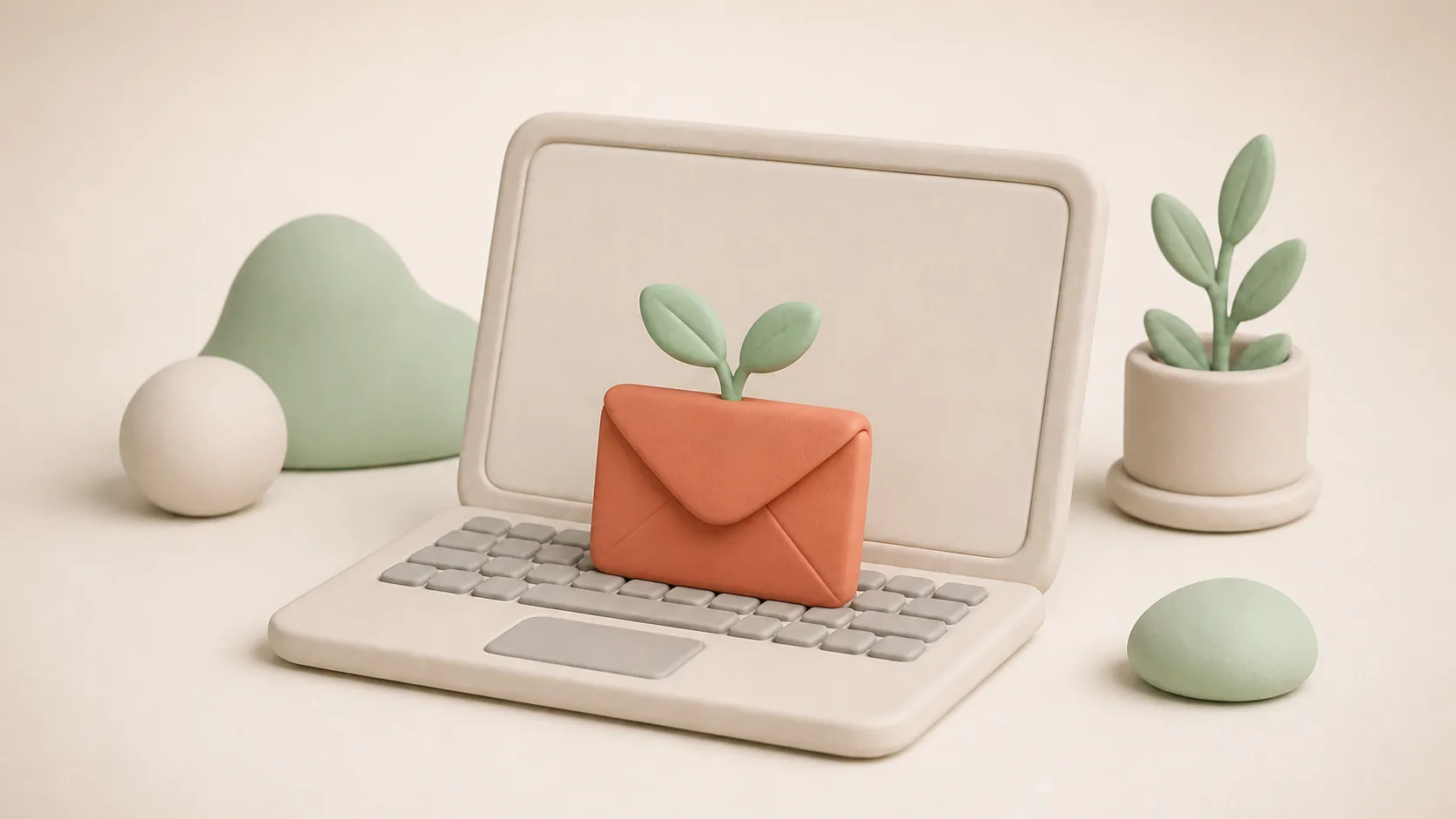 Abgerundeter Ton-Laptop, aus dem ein korallenroter Briefumschlag mit einem kleinen Keimling wächst, als Sinnbild für den eigenen Newsletter-Kanal.