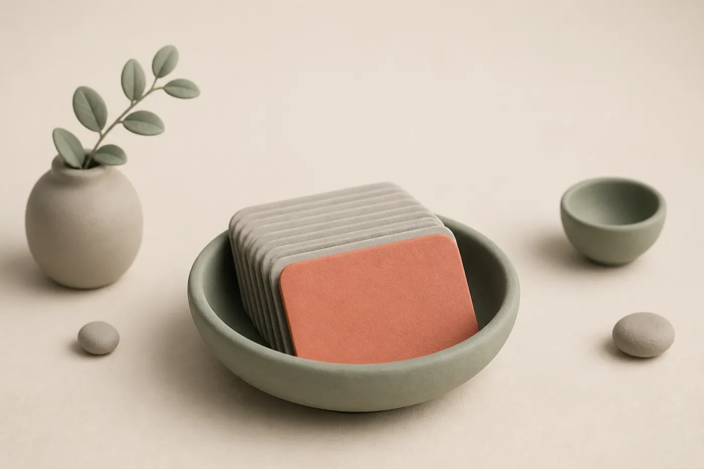 Ein vollständiger Stapel Clay-Karten in einer offenen Schale, eine davon korallfarben.