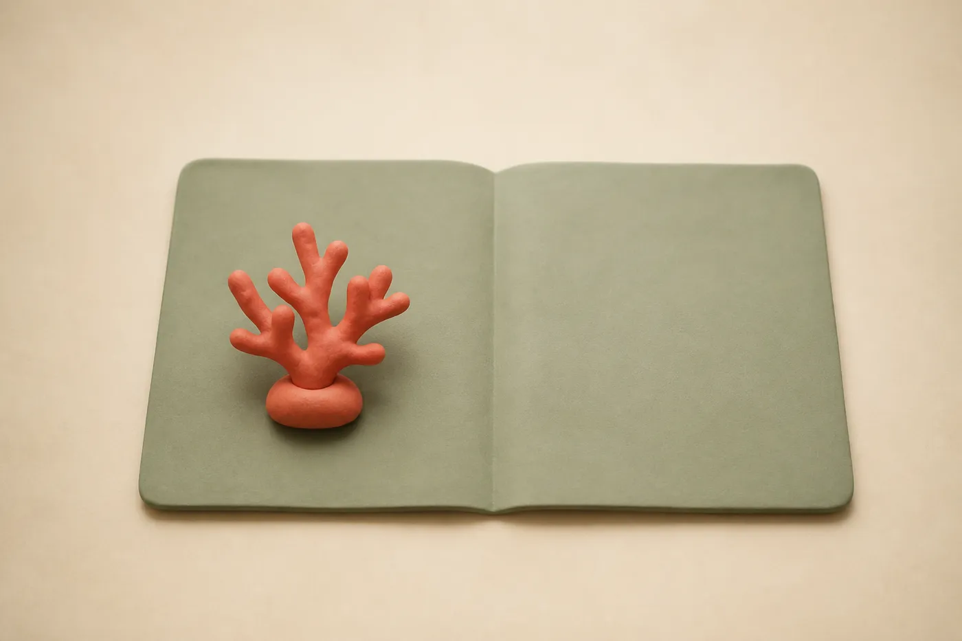 Eine aufgeschlagene Clay-Karte mit einem kleinen korallfarbenen Objekt auf der einen Hälfte.