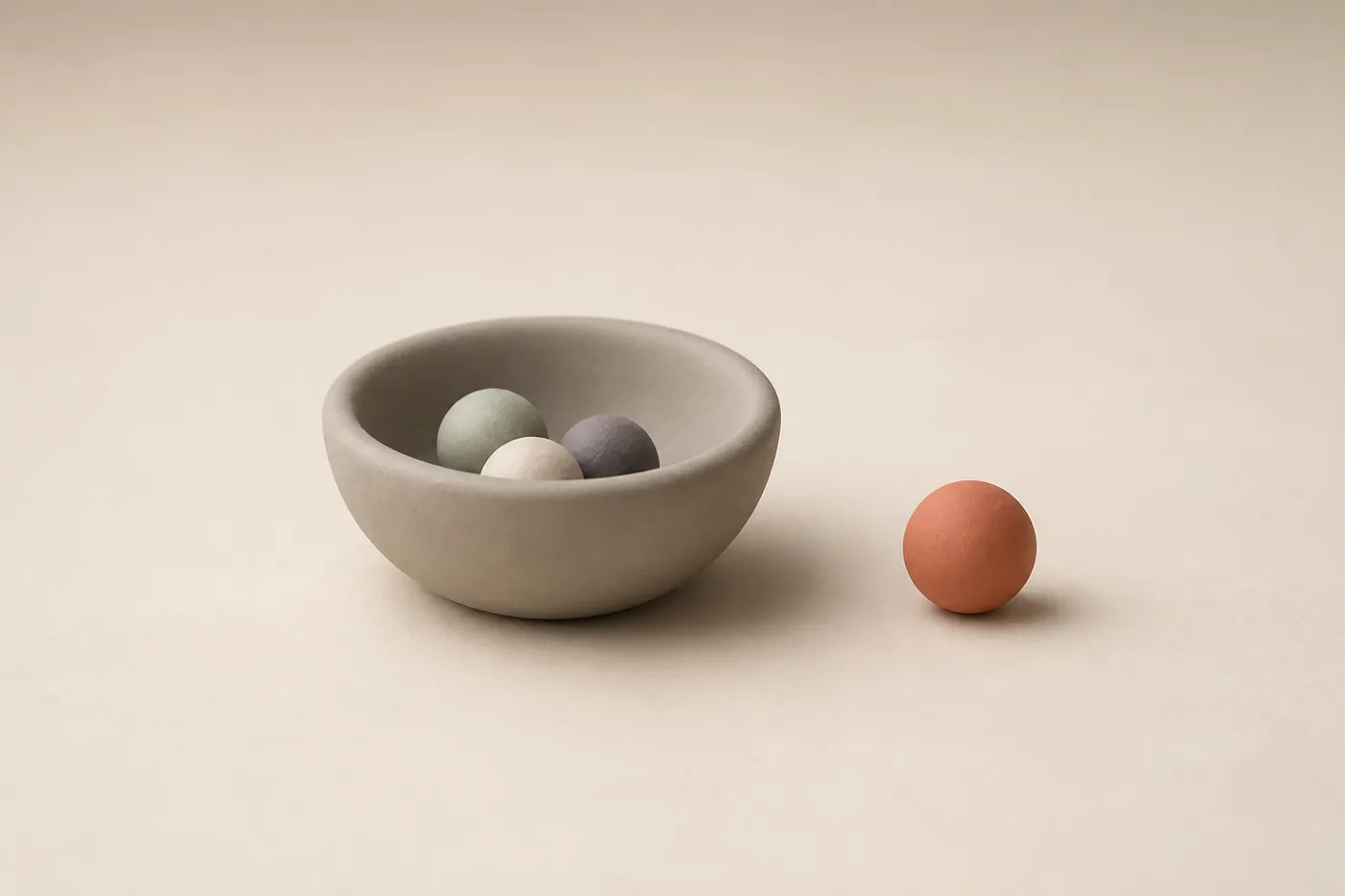 Eine Clay-Schale mit drei Kugeln, daneben eine vierte korallfarbene.